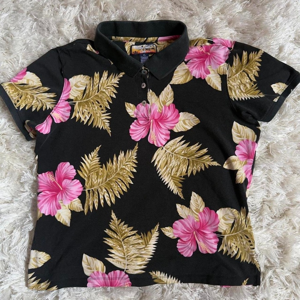 Havana Jacks Cafe Black Hibiscus Floral Cotton Polo Shirt Resort Golf Womens PL